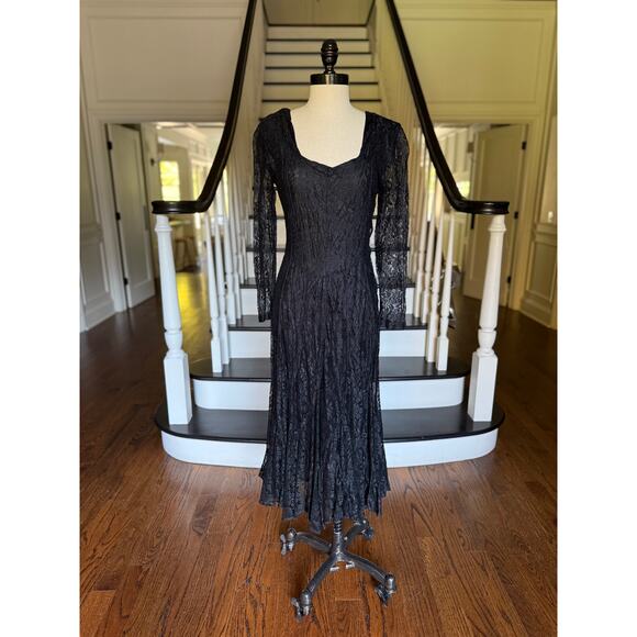 --SOLD--Vintage 90s Black Lace Bias Twirl Dress Whimsy Goth Shabby Chic Gypsy - Picture 3 of 11